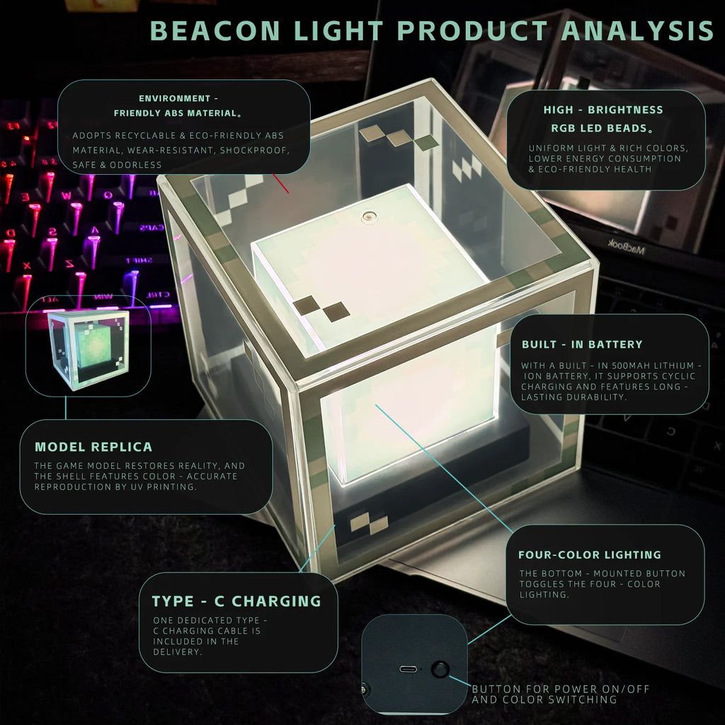 Pixel-Style Beacon Lamp Desktop Night Light Glowing Computer Atmosphere Game Ornament Gift Rechargeable Decorative Illumination